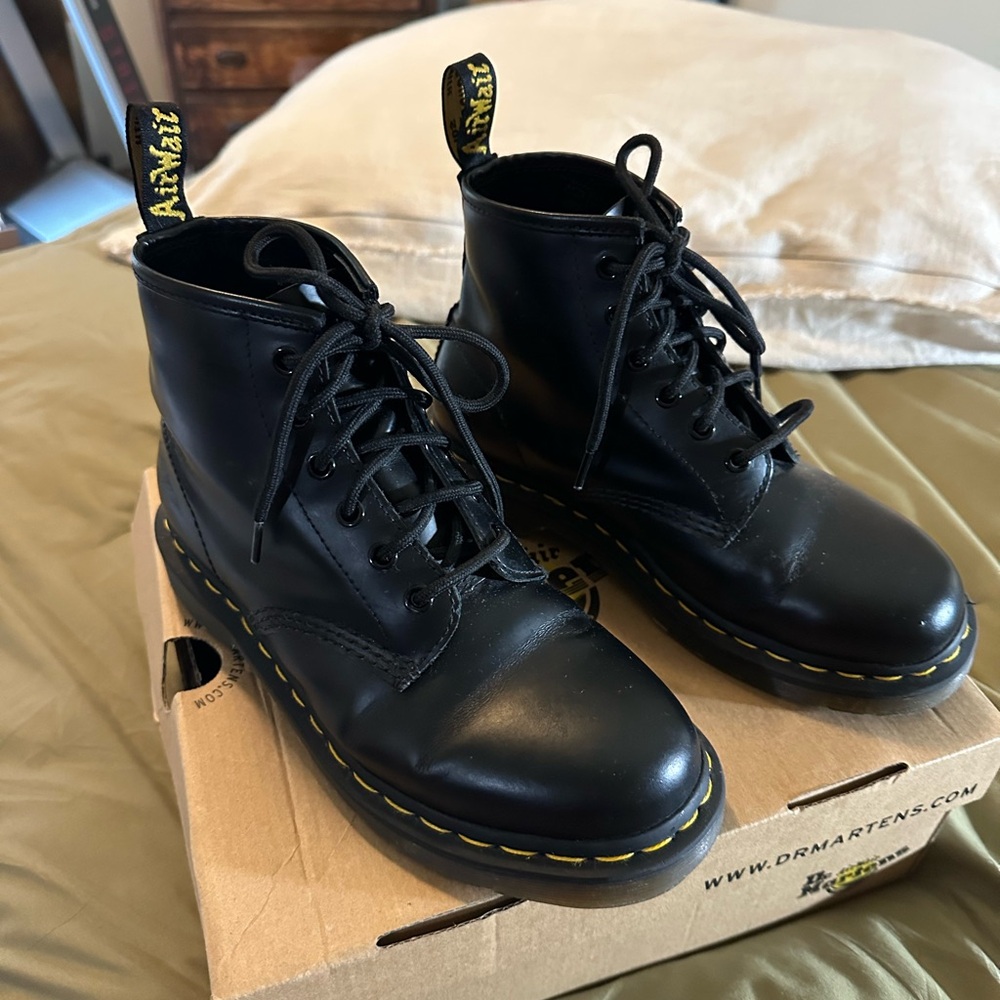 Dr. Martens Black Ankle Boots with Yellow Stitching